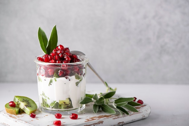 Griechischer Joghurt mit Kiwischeiben und Granatapfelkernen in einer Glasschüssel, Nahaufnahme