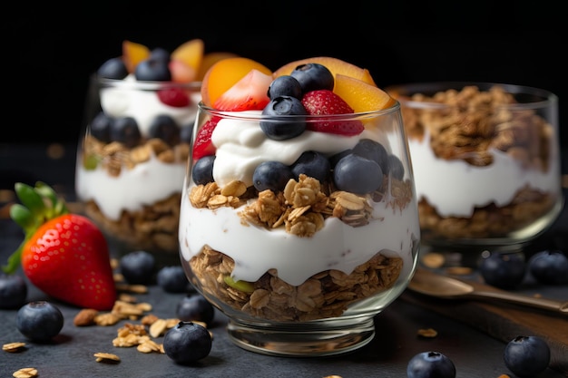 Griechischer Joghurt mit Müsli, Heidelbeere, Erdbeere und anderen frischen Früchten