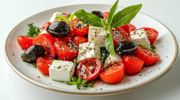 Foto griechischer salat auf einem leichten teller aus isolierten dörfern salat horiatiki salat mit tomaten in würfeln feta