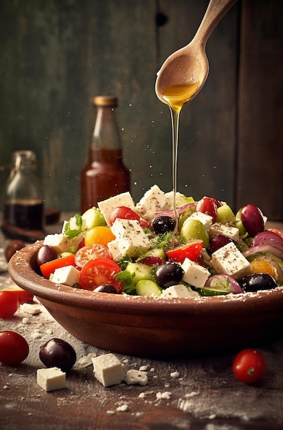 Foto griechischer salat auf einem teller oder in einer schüssel auf hellem hintergrund salat mit feta-käse und oliven