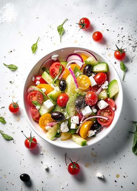 Foto griechischer salat auf einem teller oder in einer schüssel auf hellem hintergrund salat mit feta-käse und oliven