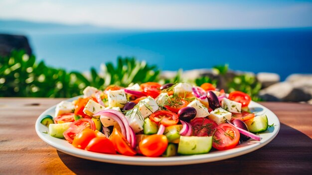 Foto griechischer salat auf einem teller selektiver fokus essen