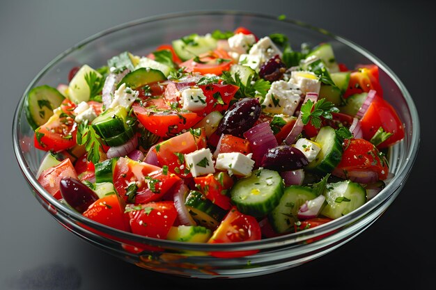 Griechischer Salat auf schwarzem Hintergrund Top View der traditionellen griechischen Küche Konzept Lebensmittelfotografie Griechischer Salat Traditionelle Küche Top View schwarzer Hintergrund