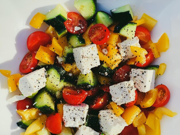 Griechischer Salat aus frischem Gemüse mit Kirschtomaten, Paprika, Gurke, Feta-Käse, Olivenöl und Gewürzen der Saison, gesunde Ernährung und leckeres Essensrezept