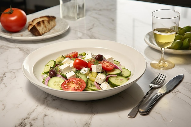 Griechischer Salat, der auf einem Bett aus gemischtem Grün serviert wird