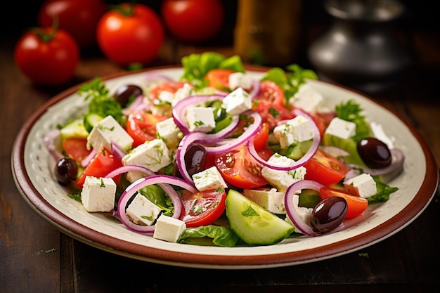 Griechischer Salat, der auf einem Bett aus gemischtem Grün serviert wird