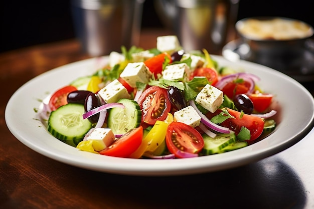 Griechischer Salat, der in einer Brotschüssel aus handwerklichem knusprigen Brot serviert wird