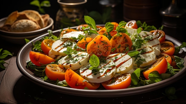 Griechischer Salat in einer Schüssel mit Tomaten, Basilikum, Käse und Kräutern auf dunklem Hintergrund
