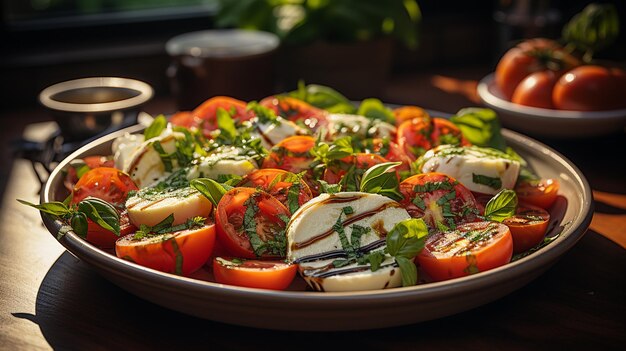 Griechischer Salat in einer Schüssel mit Tomaten, Basilikum, Käse und Kräutern auf dunklem Hintergrund