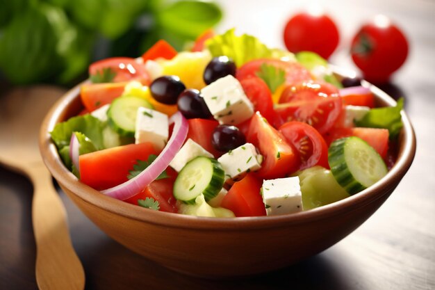 Griechischer Salat, lebendige Farben, helles Sommerfoto, hyperrealistisch, hochauflösende, scharfe KI-generativ