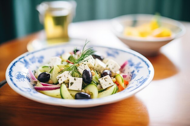 Foto griechischer salat mit feta-oliven und gurke