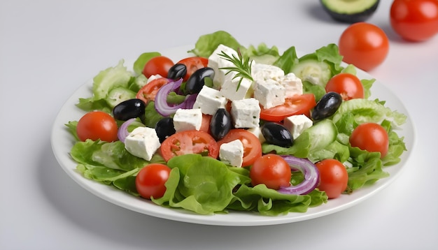 Griechischer Salat mit Feta und schmackhafter Auswahl an Gemüse auf weißem Hintergrund