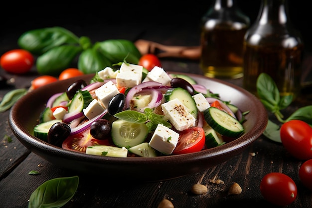 Griechischer Salat mit frischem Gemüse, Feta-Käse, Kalamata-Oliven, getrocknetem Oregano, Rotweinessig und Olivenöl. Gesunde Ernährung erzeugt KI