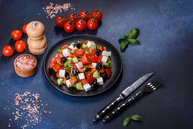 Griechischer Salat mit frischem Gemüse, Feta-Käse und schwarzen Oliven