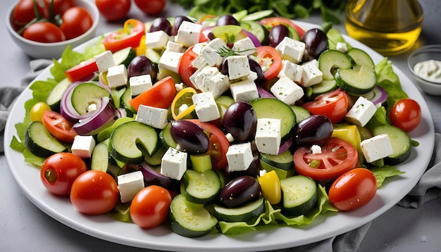 Griechischer Salat mit Gemüse und Feta-Käse auf einem großen Teller