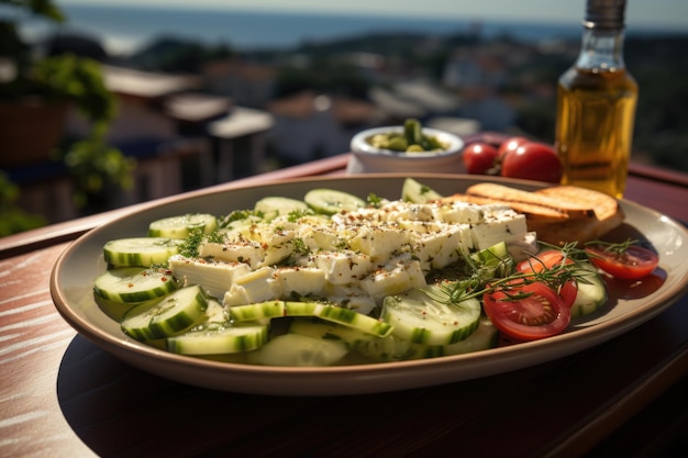 Foto griechischer salat mit gurke und oliven auf einem balkon mit blick auf das meer