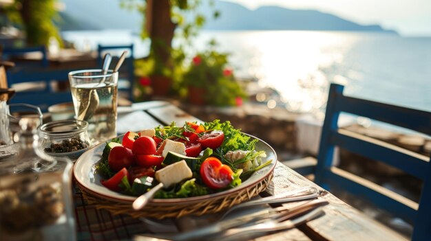 Griechischer Salatschüssel gegen ein Kaffee am Meer