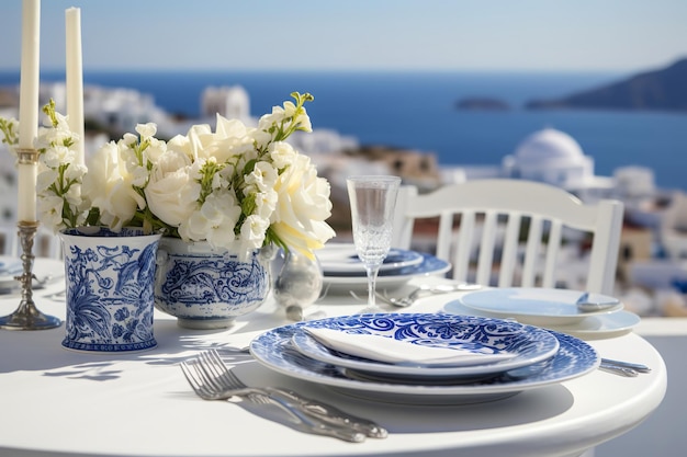 Griechischer Tisch in Blau und Weiß mit mediterranem Dekor