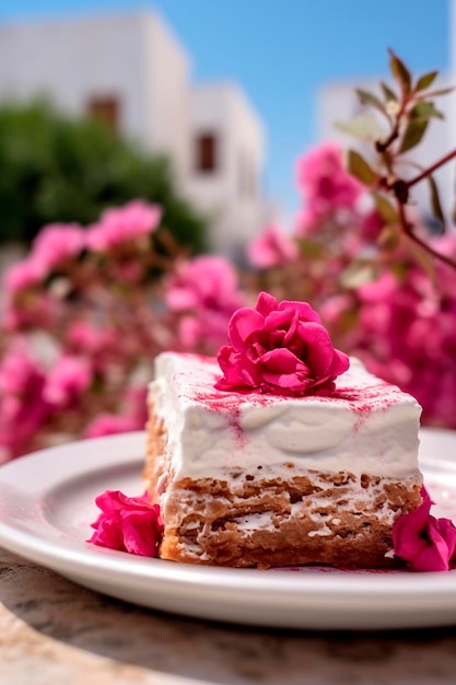 Griechisches Dessert Nahaufnahme in einem griechischen Dorf mit blühender Bougainvillea Generative KI