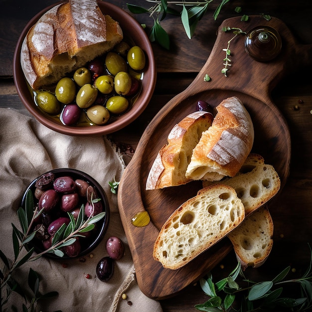 Griechisches Essen, leckere Oliven, Fleisch, Gemüse, Obst, Käse, Fisch