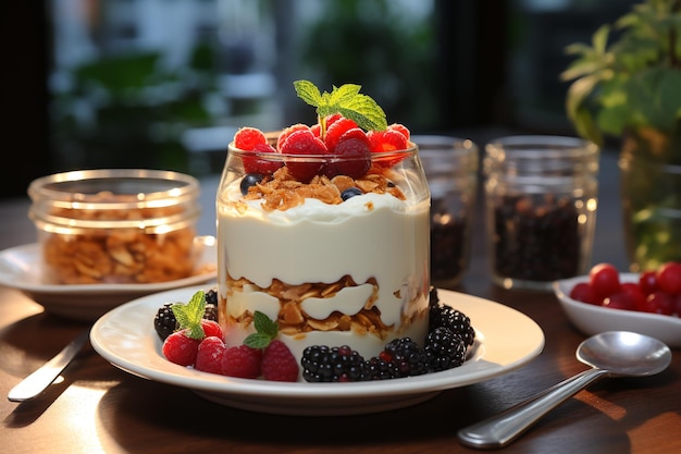 Griechisches Joghurtparfait mit Beeren und Honig auf dem Tisch mit KI-generiertem Küchenhintergrund