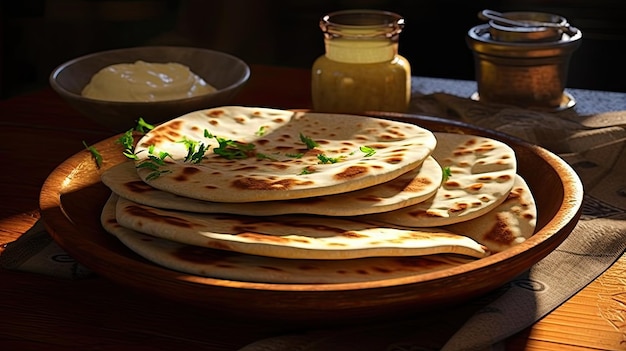 Griechisches Pita-Brot oder Flachbrot in exquisiten Details mit Schwerpunkt auf minimalistischer und moderner Zusammensetzung