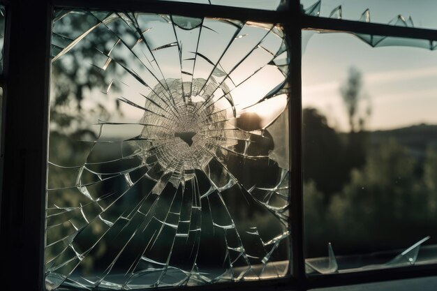 Grieta en la ventana de cristal con vistas a una escena pacífica