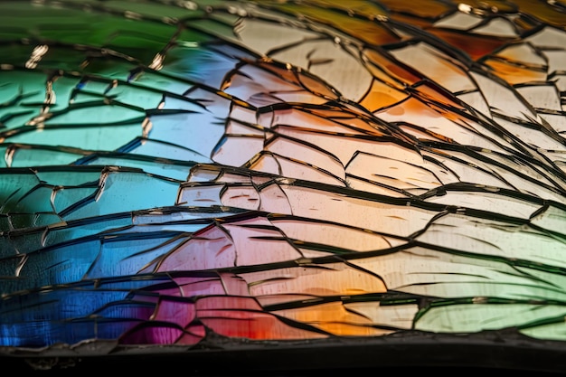 Grieta en el vidrio con un reflejo visible de un patrón o escena de colores