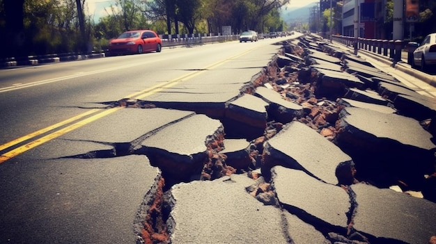 Las grietas de la carretera después de los daños del terremoto