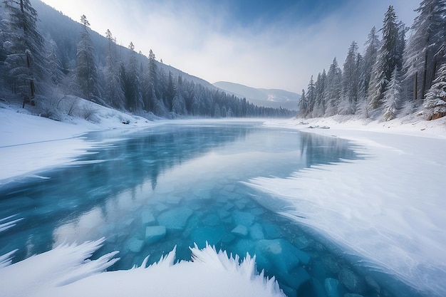 Las grietas en la superficie del hielo azul lago congelado en las montañas de invierno está nevando las colinas de pinos Cárpatos Ucrania Europa