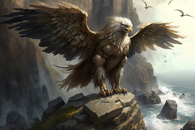 Griffin encaramado en un acantilado rocoso con las alas extendidas