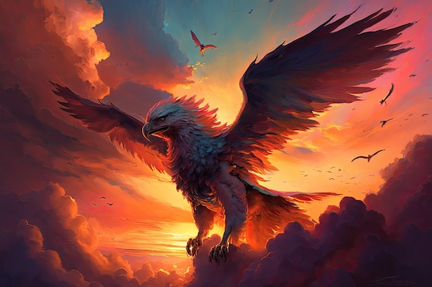 Griffin schwebt durch einen lebhaften Sonnenuntergang mit feurigem Himmel und Wolken