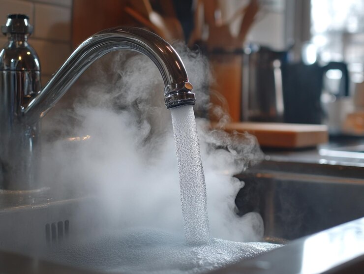 El grifo de agua caliente en un fregadero de la cocina
