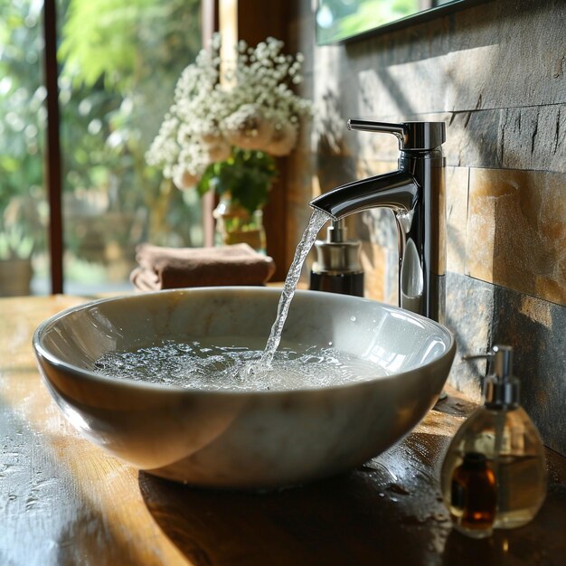 Foto un grifo con agua corriendo de él en un baño