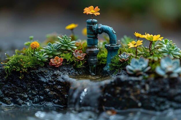 Un grifo de agua con flores que crecen