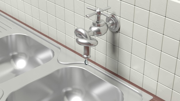 Grifo de agua con fugas 3D nudo atado en la pared con azulejos y lavabo