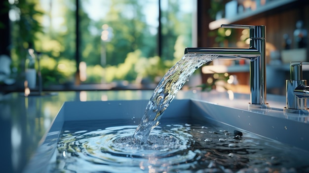 Grifo de agua, grifo, agua corriente en el baño con lavabo