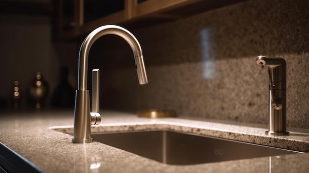 Grifo de agua con lavabo en la cocina acabado en mármol diseño de interiores de cocina moderna