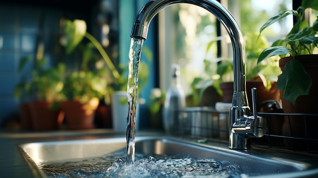 grifo con agua que fluye en el fregadero de la cocina