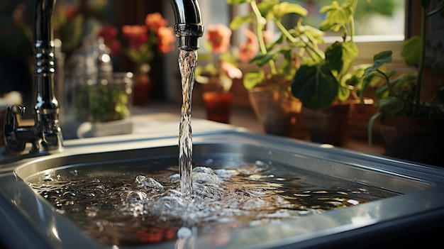 grifo con agua que fluye en el fregadero de la cocina