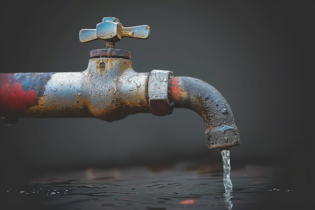 Foto el grifo de agua vacío en fondo negro significa escasez de agua dulce