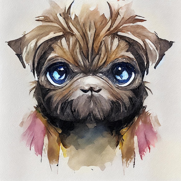 Grifón de Bruselas. Adorable cachorro de perro. Ilustración de acuarela con manchas de color. Todas las razas de perros