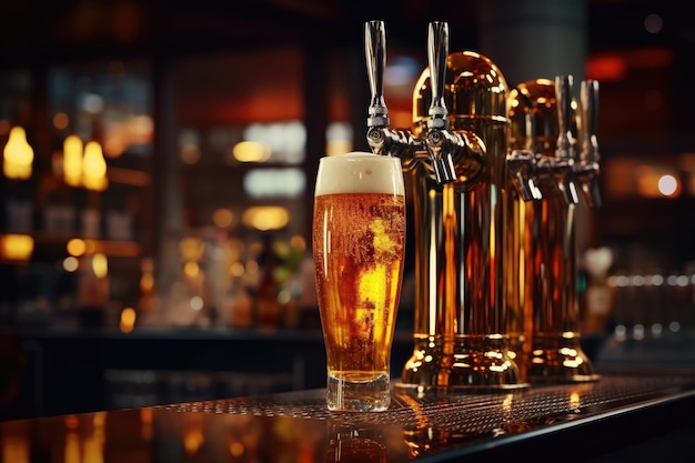 Los grifos de cerveza en un bar La idea de las bebidas alcohólicas Servir a un cliente con un vaso de cerveza