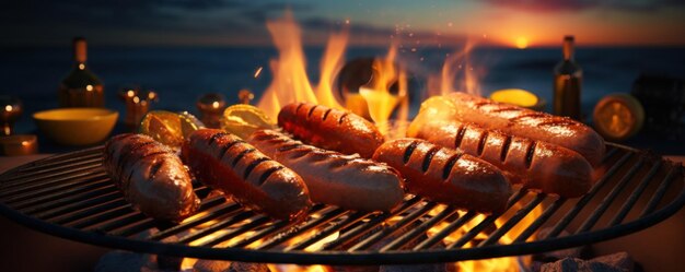 Grill de barbacoa al atardecer con salchichas ardientes