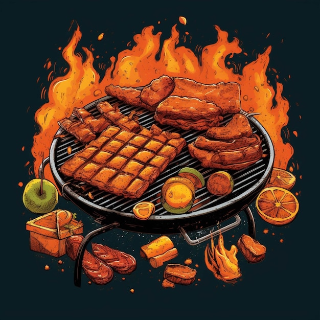 Foto grill de barbacoa con carne a la parrilla en un fondo oscuro ilustración vectorial