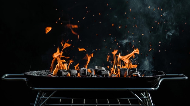 Grill de barbacoa portátil vacío caliente con fuego ardiente y carbón de brasa en generativo negro Ai