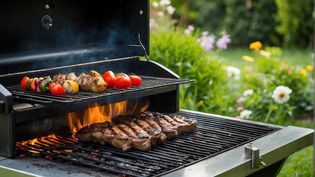 Grill mit Steaks und Gemüse im Garten