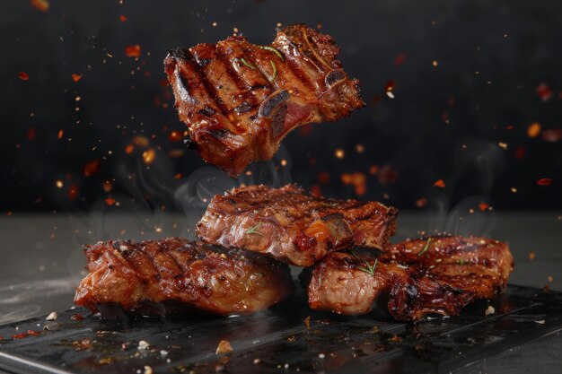 Grill pork chops bifes realistas 3d peito voando no ar coleção de carne grelhada