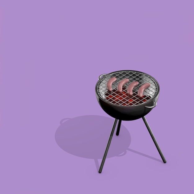 Grill sobre un fondo morado con cuatro salchichas. Ilustración 3D, representación 3D