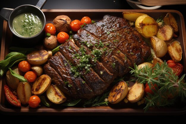 Grill Steak Meal and Fries close-up extremo Inteligência Artificial Gerativa